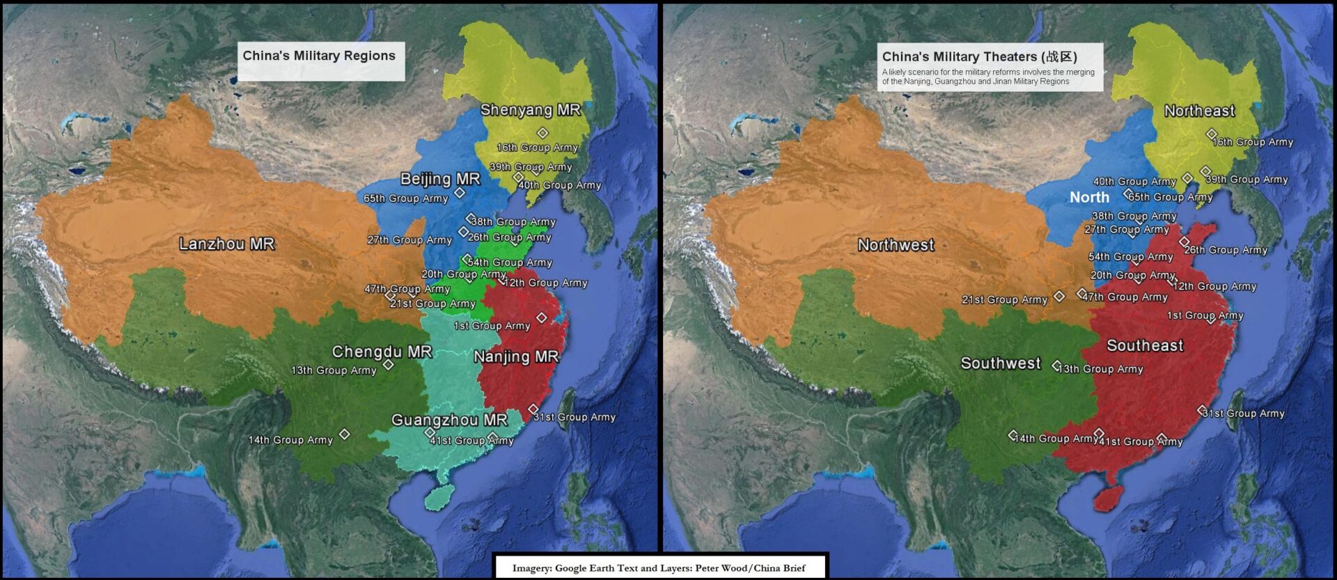 China’s Current Military Regions and a Proposed Reorganization into Military Theaters. (Source: Google Earth/Peter Wood) Full sized map available at the bottom of the page.
