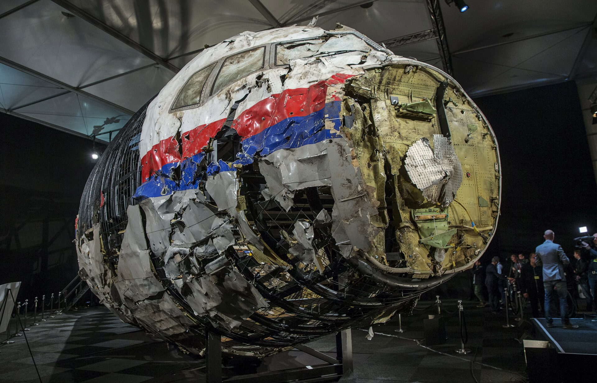 Reconstructed wreckage of the MH17 airplane is seen after the presentation of the final report into the crash of July 2014 of Malaysia Airlines flight MH17 over Ukraine, in Gilze Rijen, the Netherlands